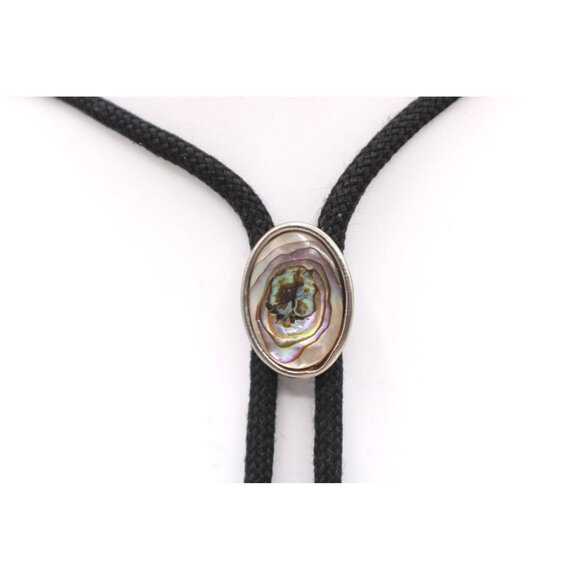 Vintage Western Bolo Tie Abalone Shell Oval Slide Black Braided Cord Brass Tips - Picture 1 of 9